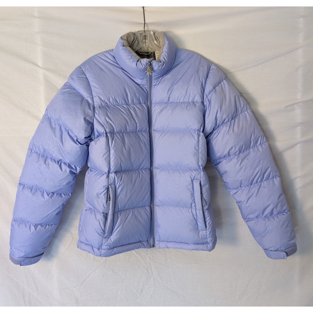 JanSport‎ Womens Puffer Jacket Large Blue Lavender Snowflake Down Fill YG4 F06